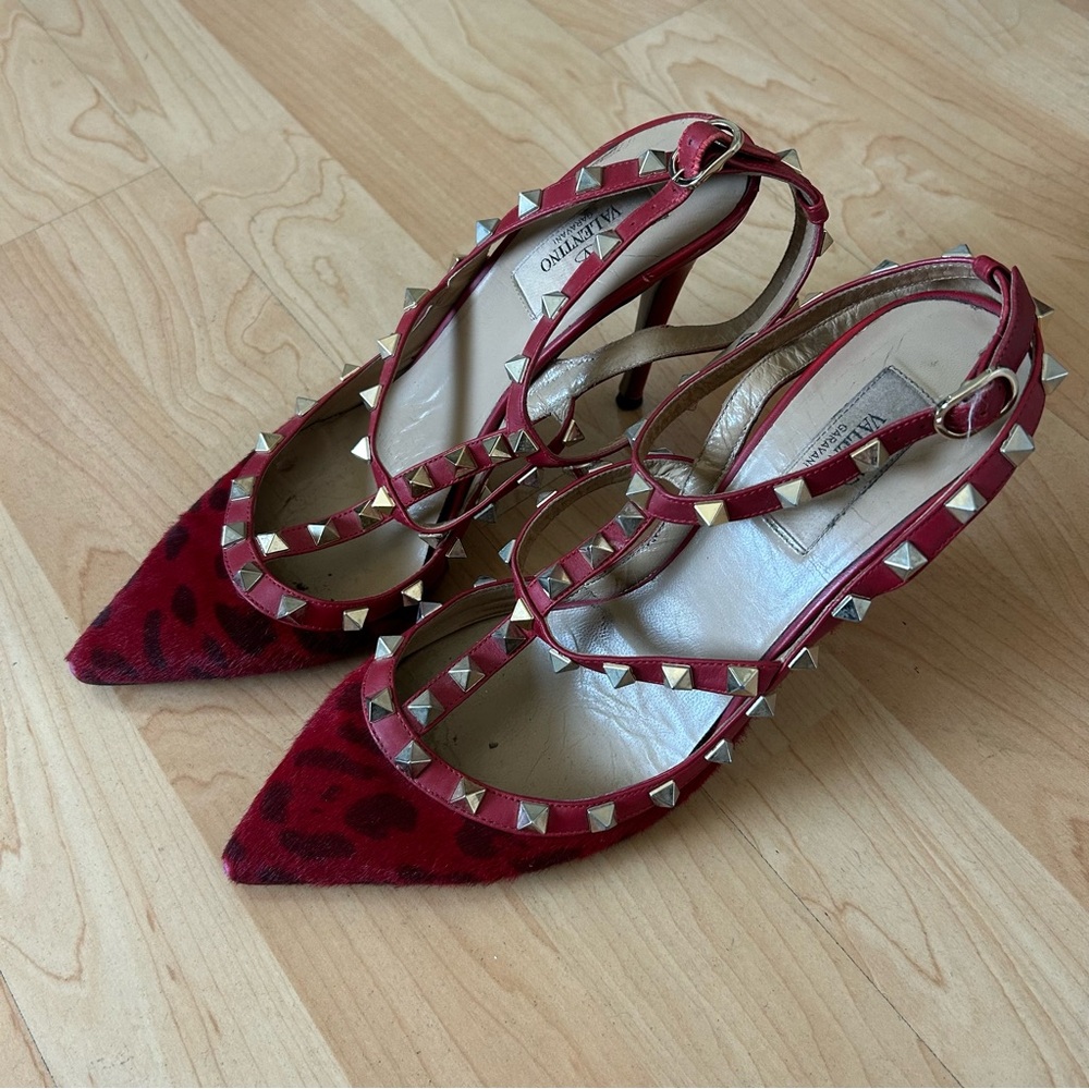 Valentino Garavani Red Leopard Studded Heels